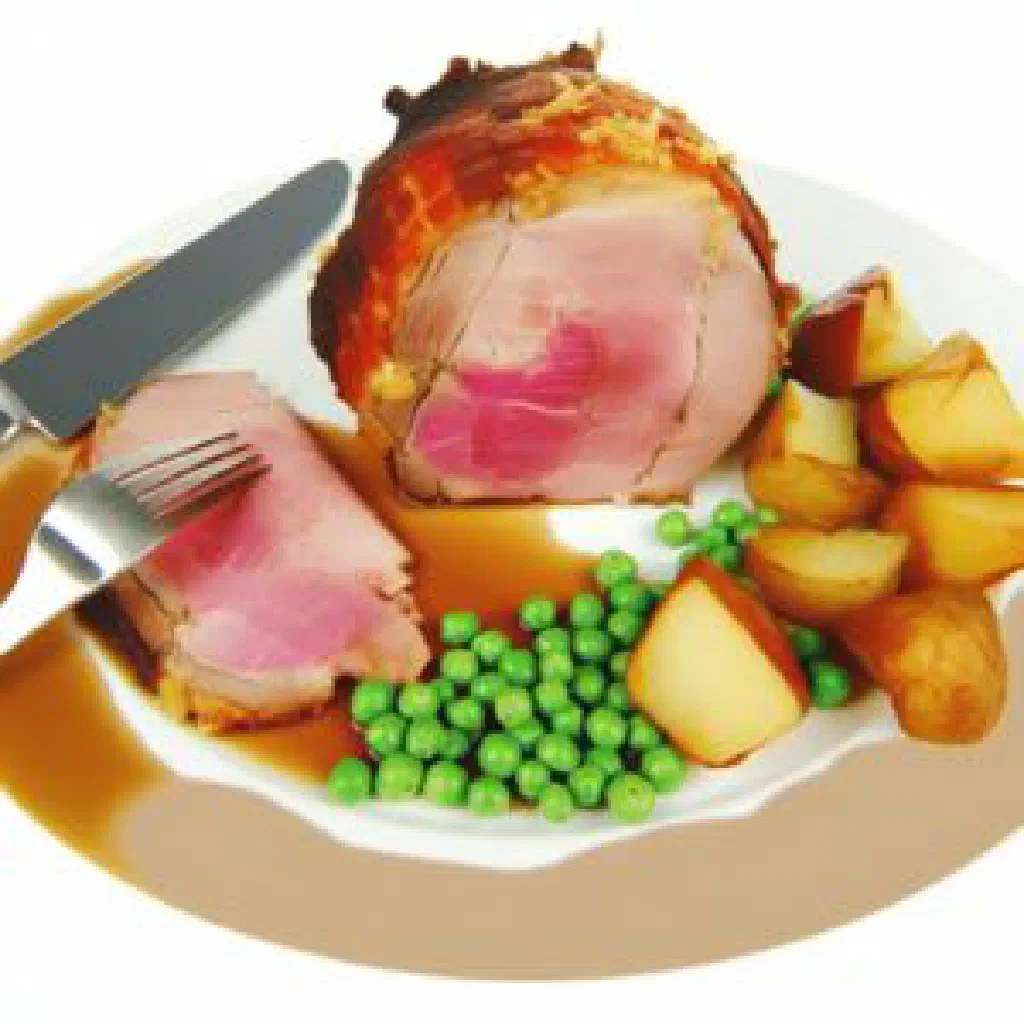 Sliced pork roast with golden crackling crust on a serving platter