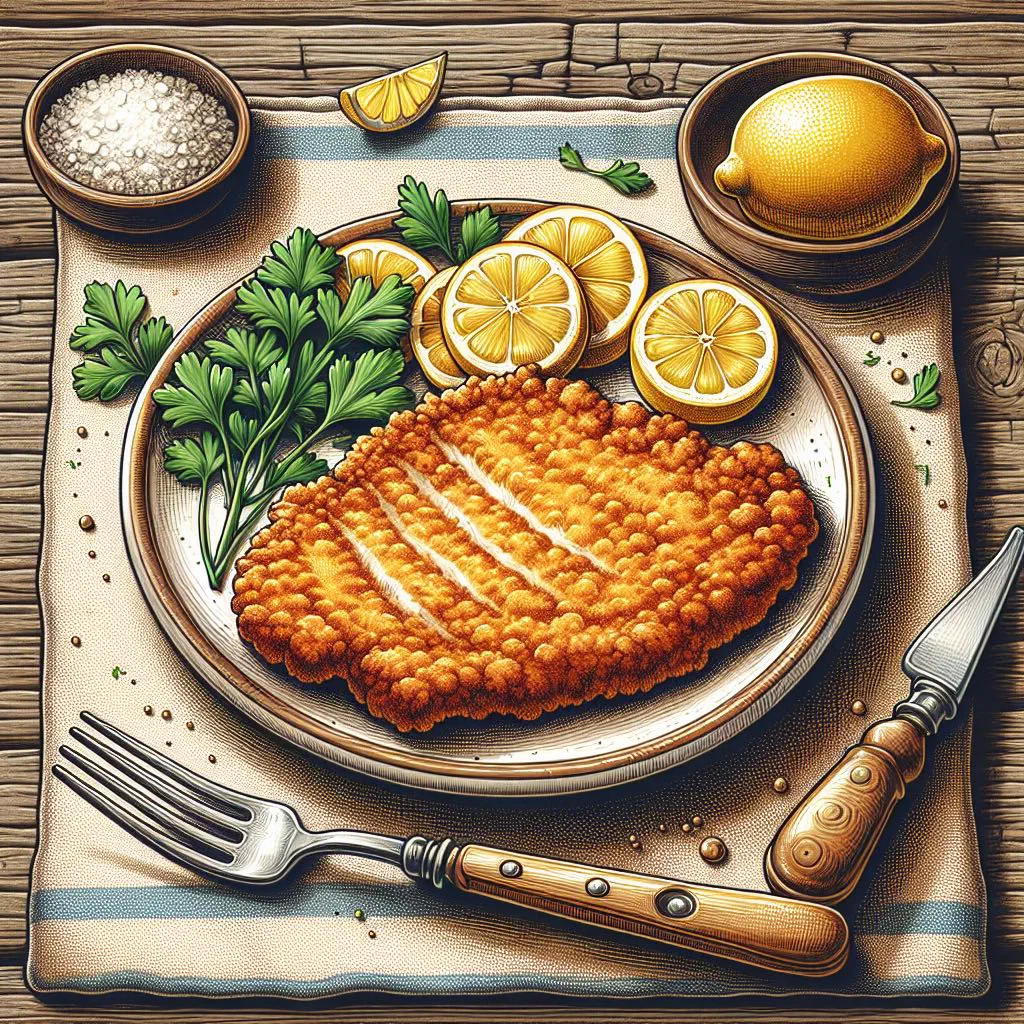 Golden, crispy pork schnitzel garnished with a slice of lemon