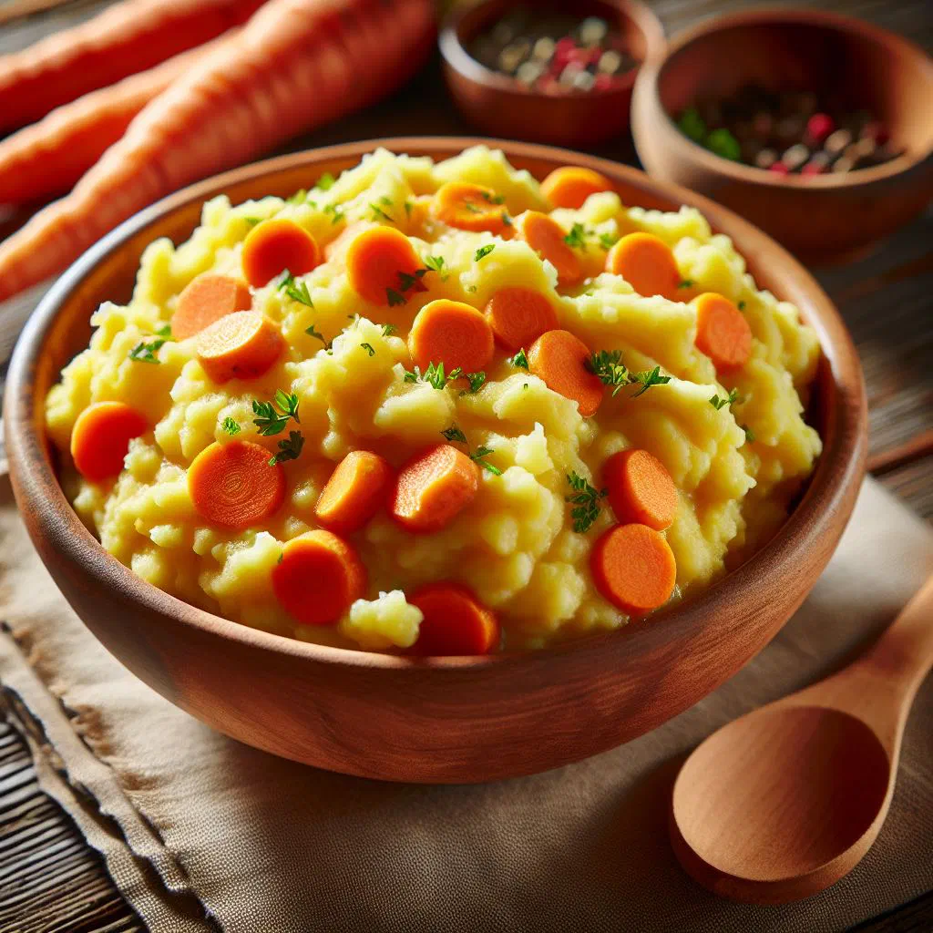 Creamy mashed potato and carrot topped with fresh herbs
