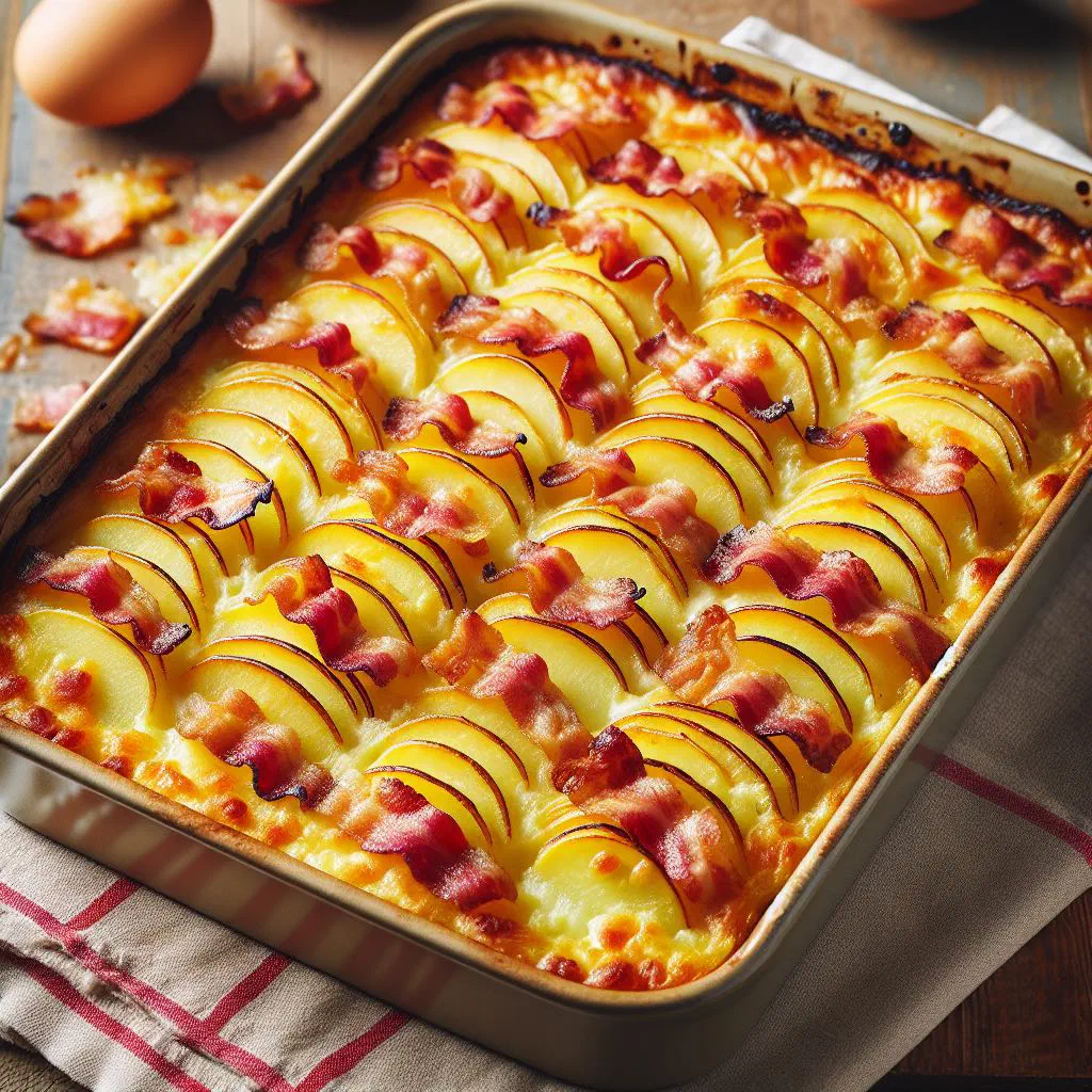 Golden-baked potato gratin with bacon in a buttered dish