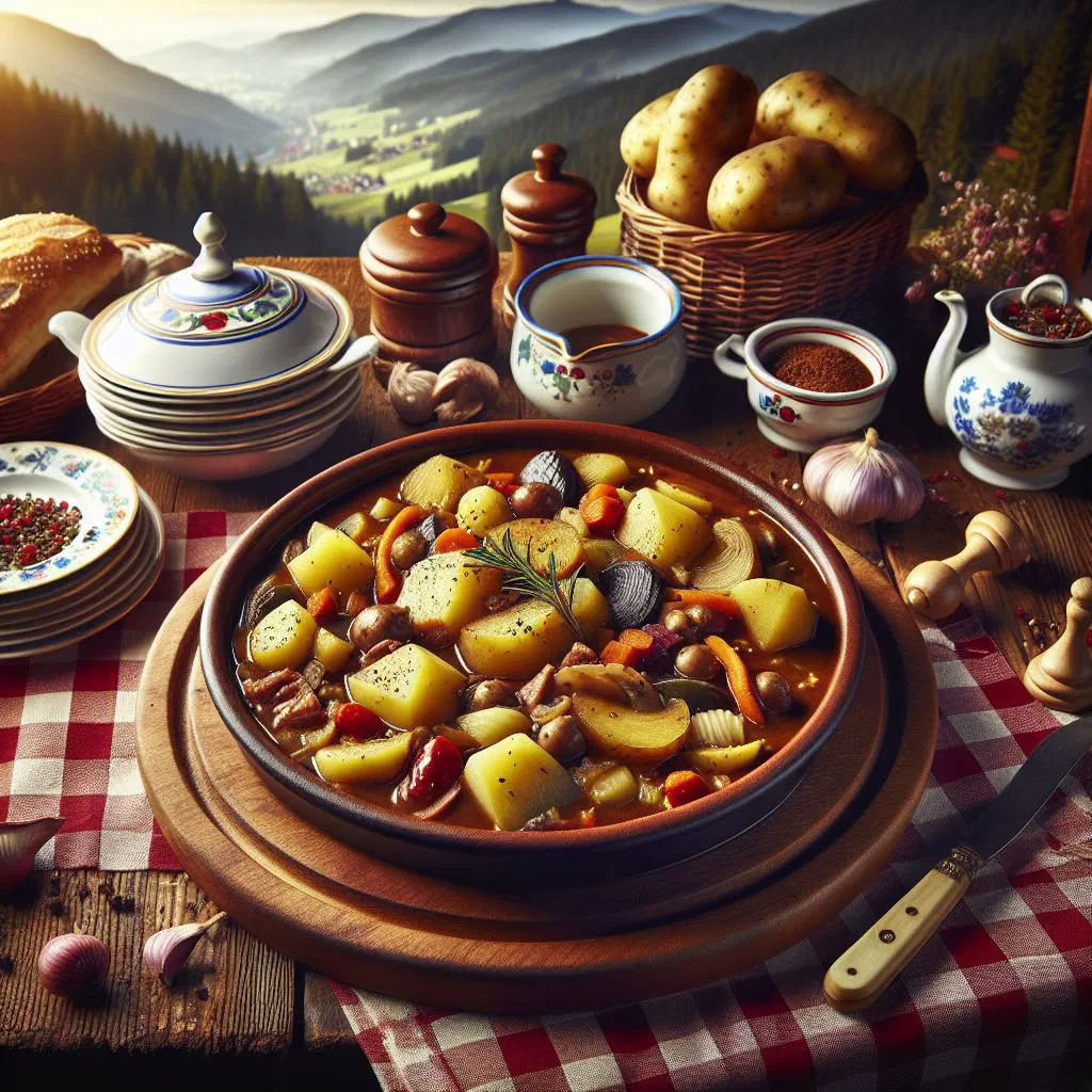 A bowl of hearty potato goulash garnished with fresh parsley