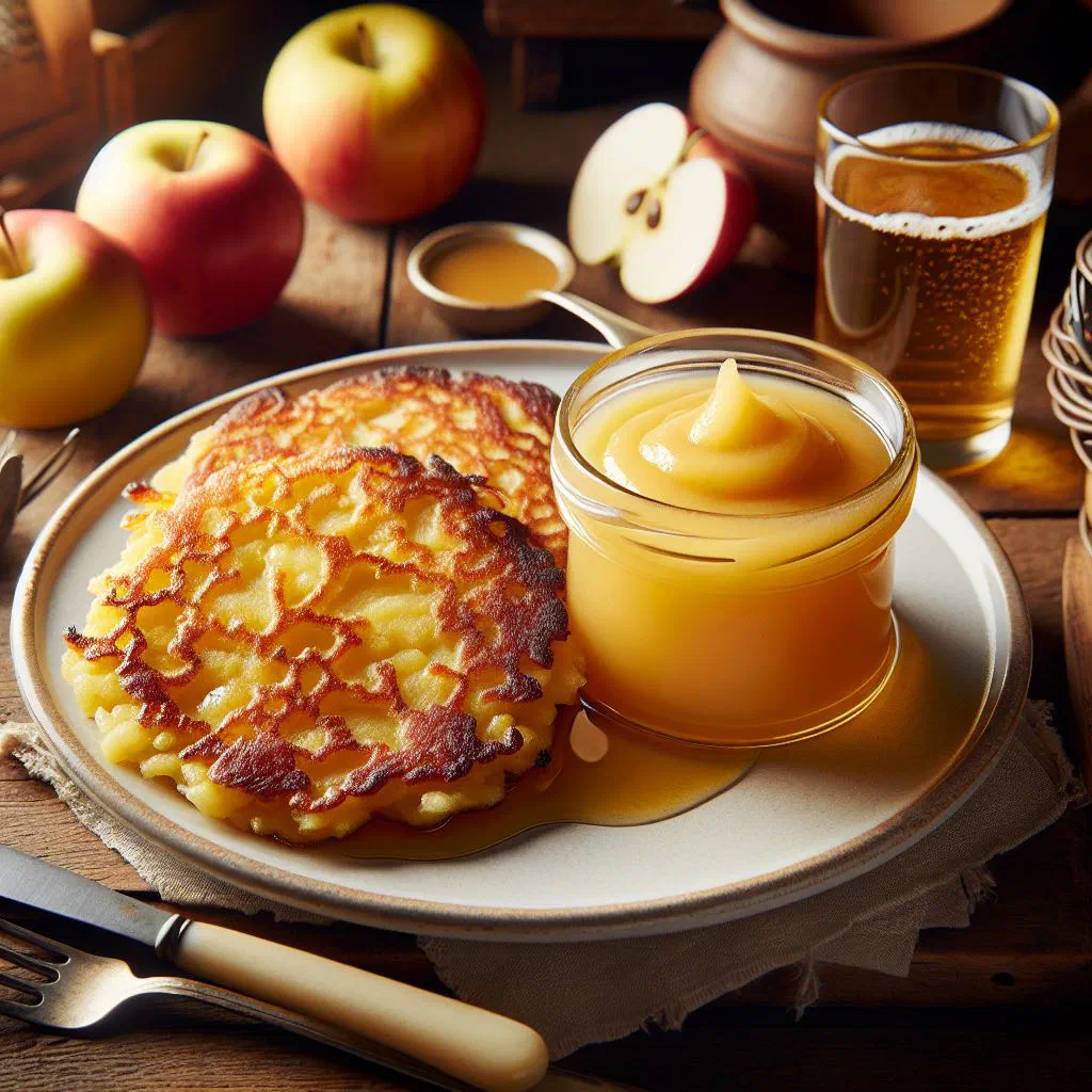 Golden crispy potato pancakes served with a bowl of apple sauce