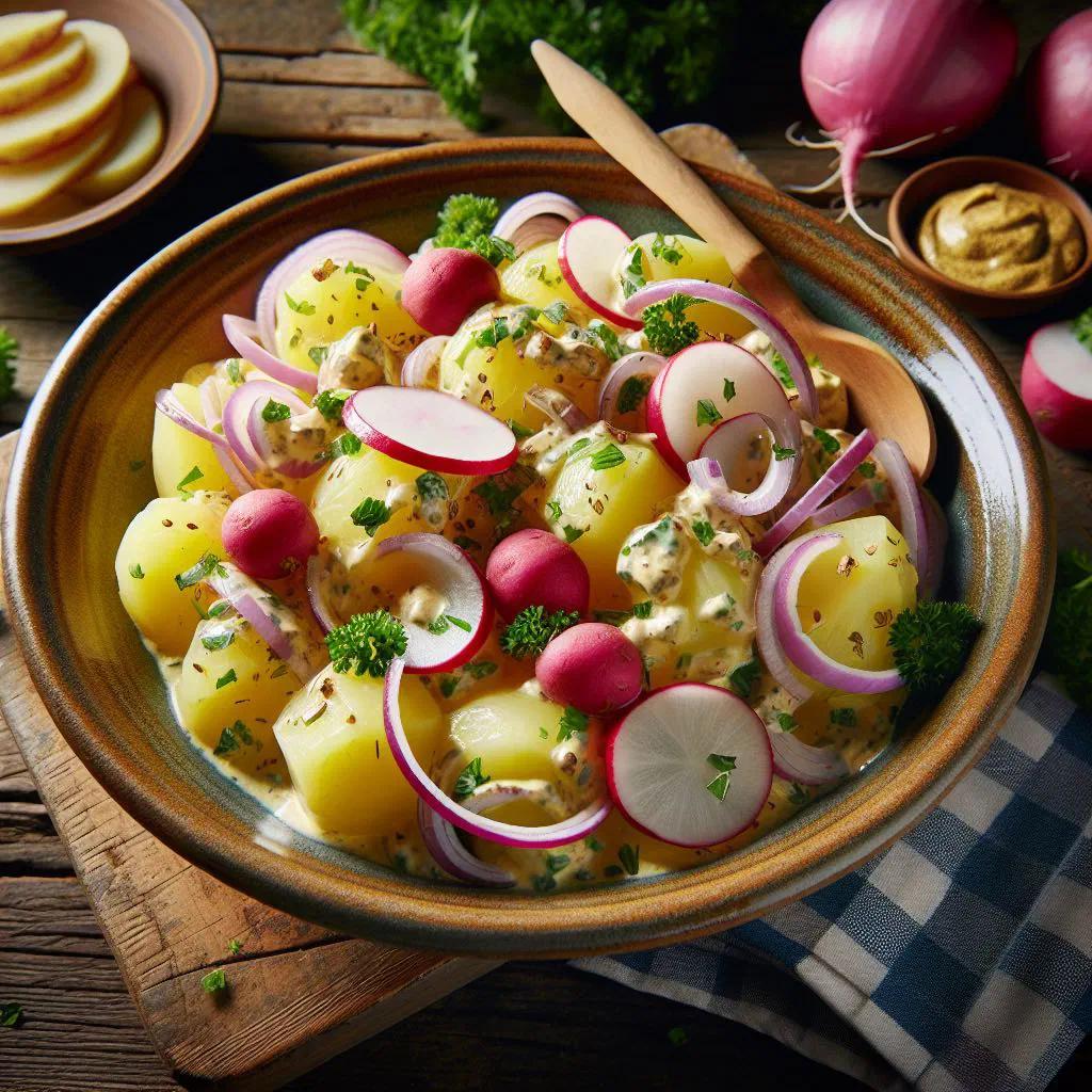 German potato salad dressed with vinegar and oil, garnished with fresh herbs