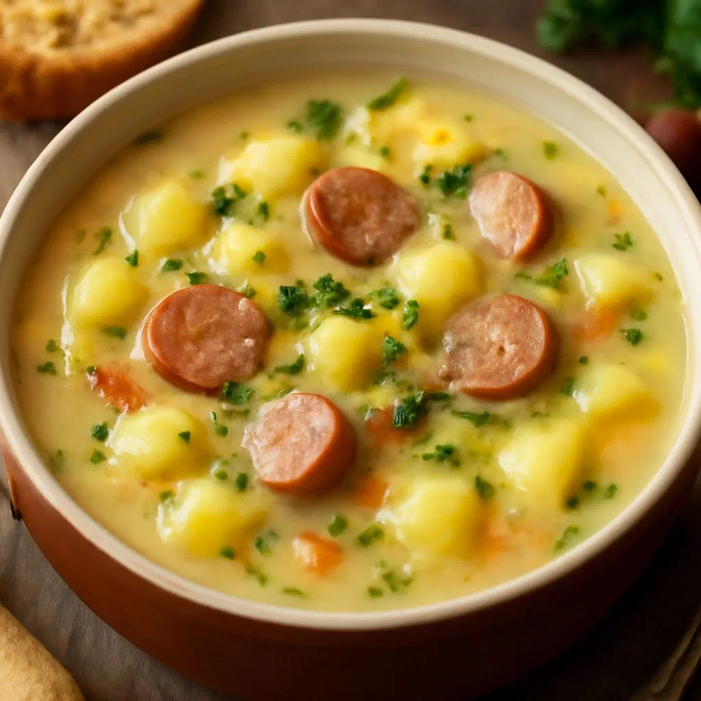 A bowl of creamy German potato soup with sausage slices and fresh herbs
