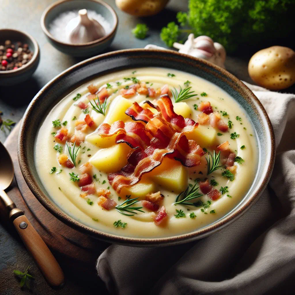 A bowl of creamy German potato soup garnished with fresh parsley