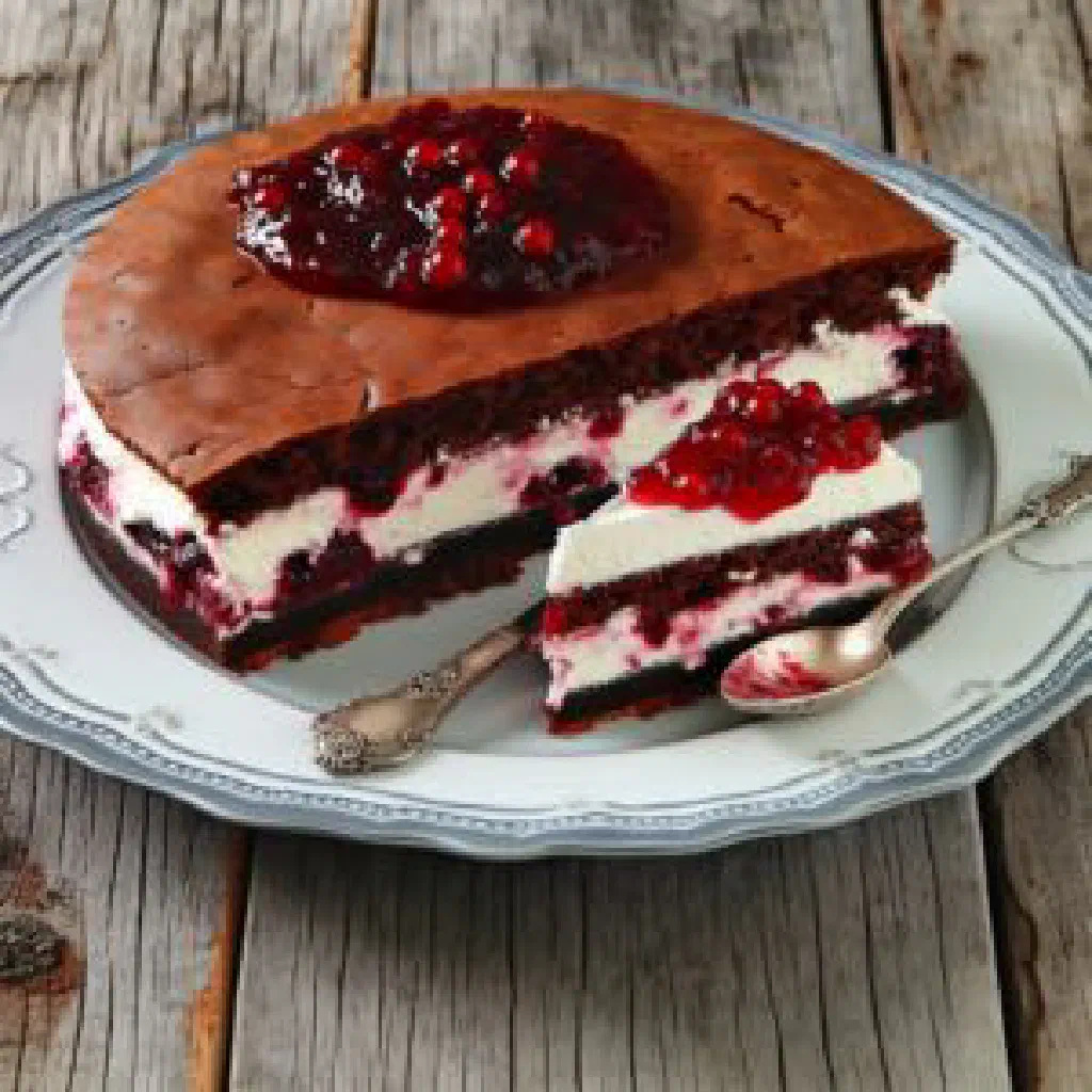 Layered pumpernickel cake with creamy filling garnished with fresh herbs