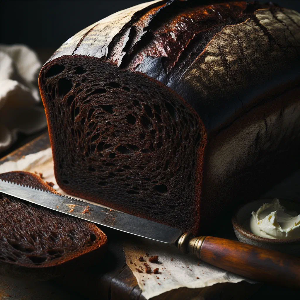 Sliced dark Westphalian pumpernickel rye bread on a wooden board