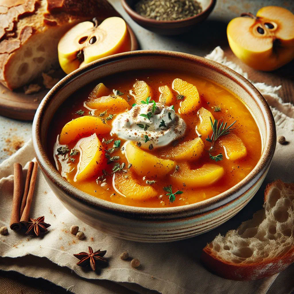 A bowl of golden quince soup garnished with fresh parsley