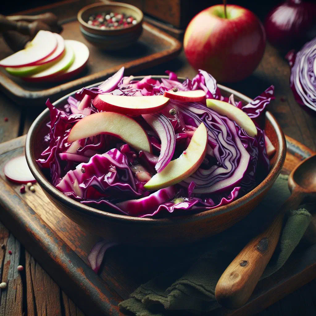A bowl of finely shredded red cabbage salad with grated apple