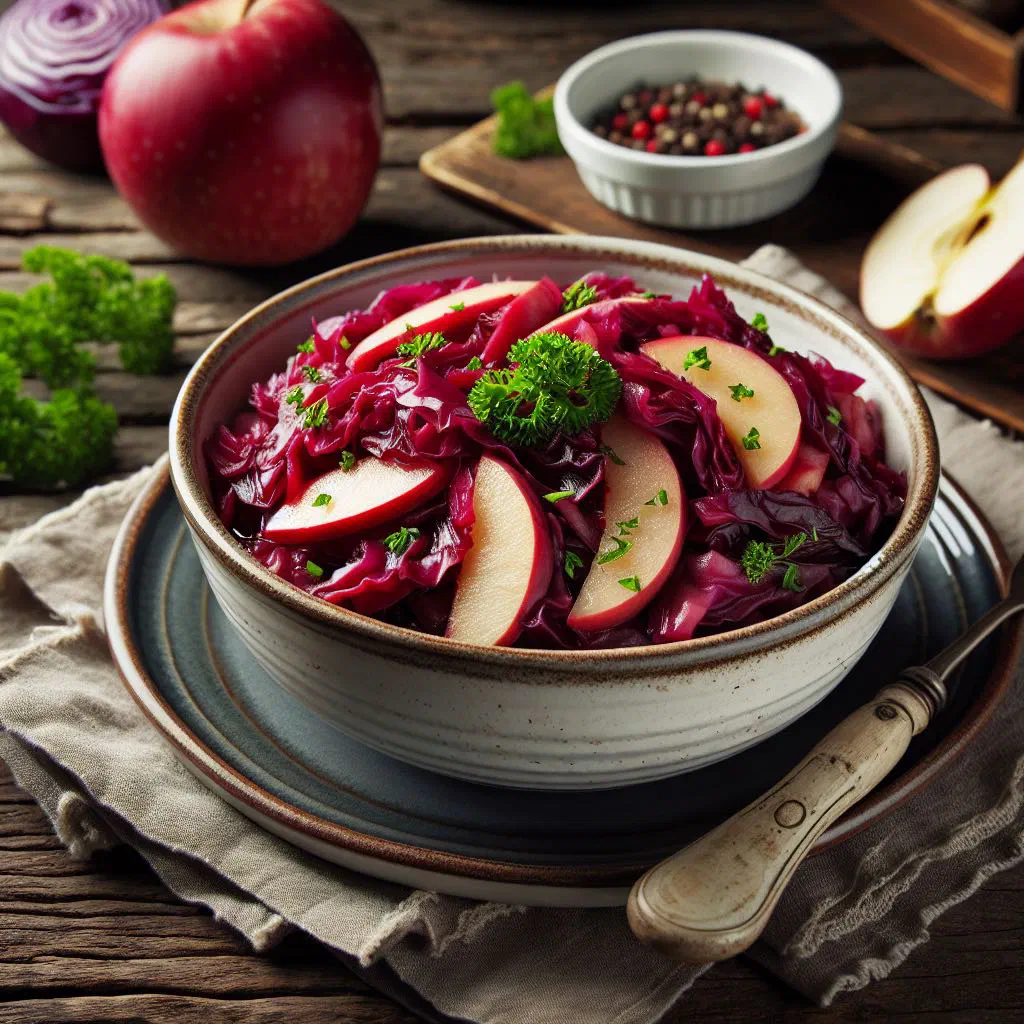 Braised red cabbage with apples served warm in a bowl