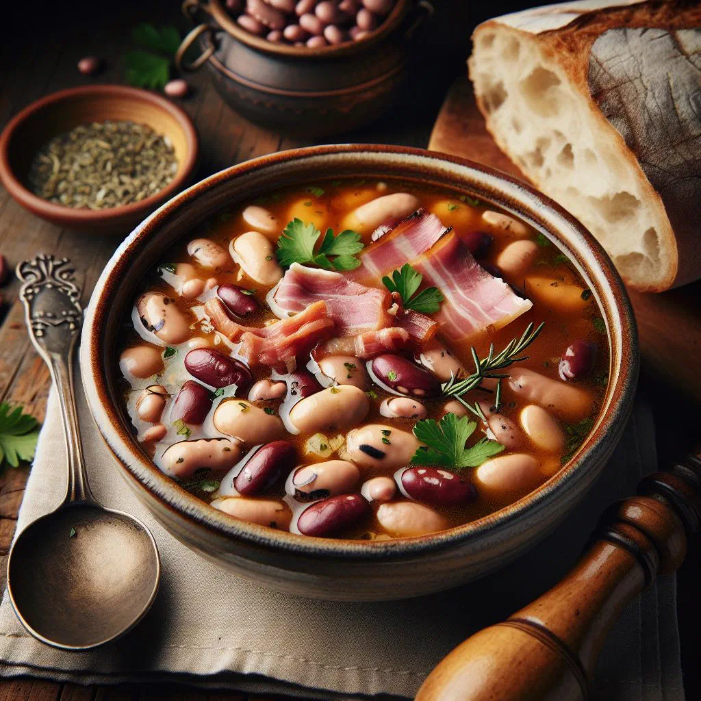 A bowl of hearty Rhenish white bean soup with vegetables and fresh herbs
