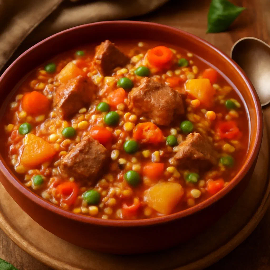 A bowl of hearty German rice stew with vegetables and sliced sausage