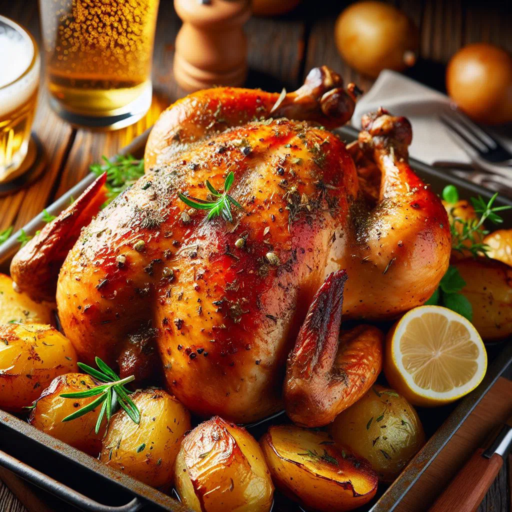 Golden, crispy roast chicken garnished with herbs and lemon wedges