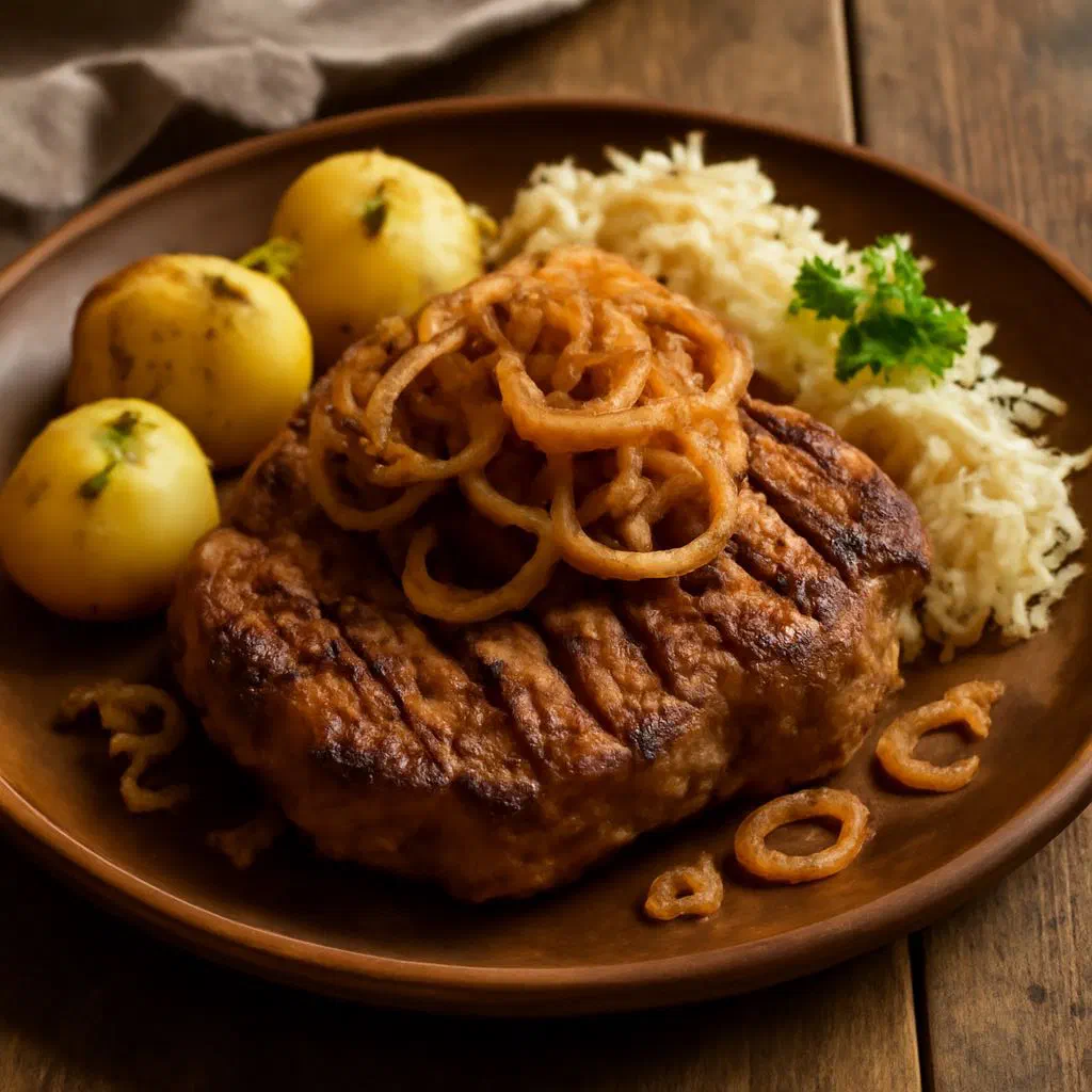 Grilled Rostbrätel pork steak topped with roasted onion rings
