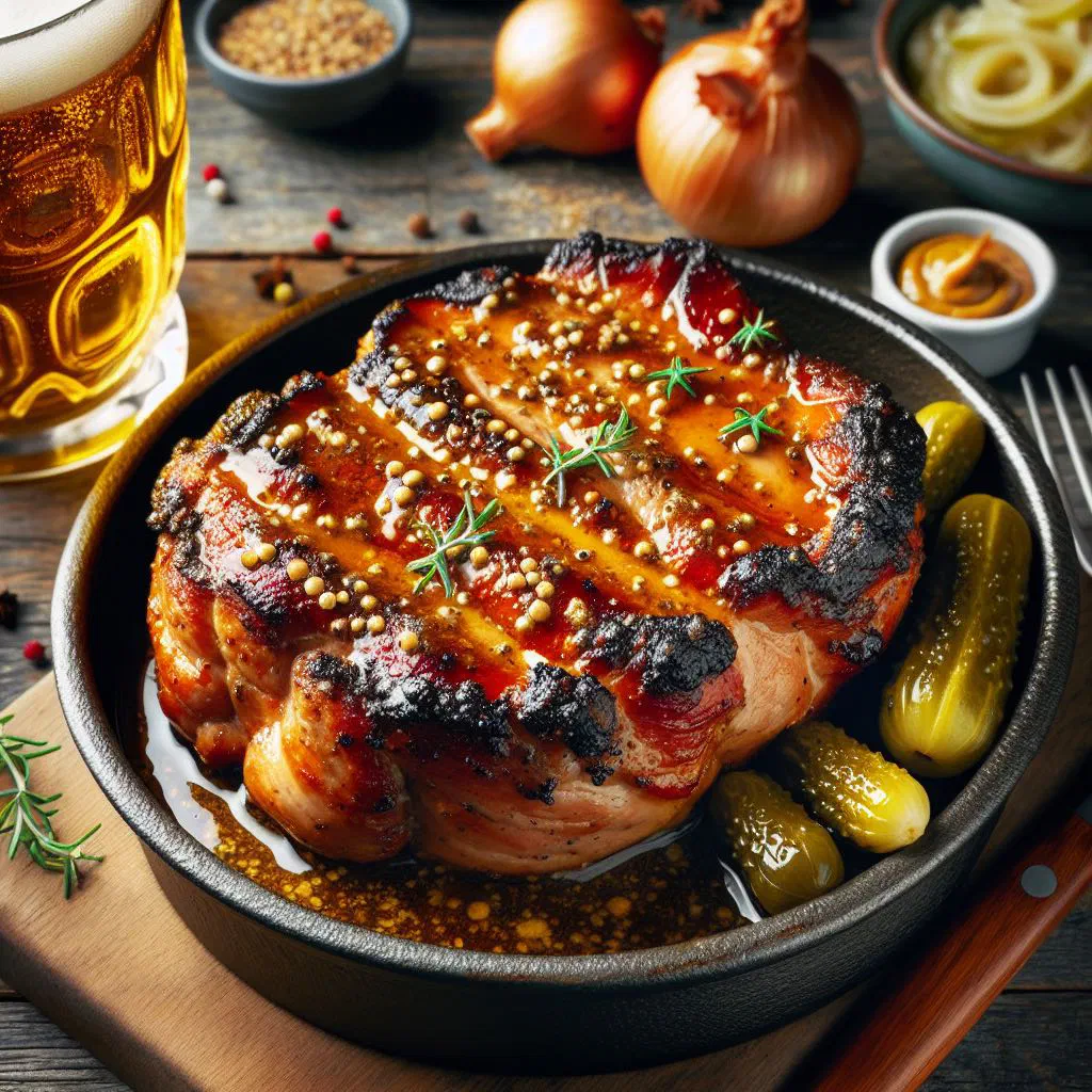 Grilled Rostbrätel pork steaks glazed with mustard marinade on a wooden board
