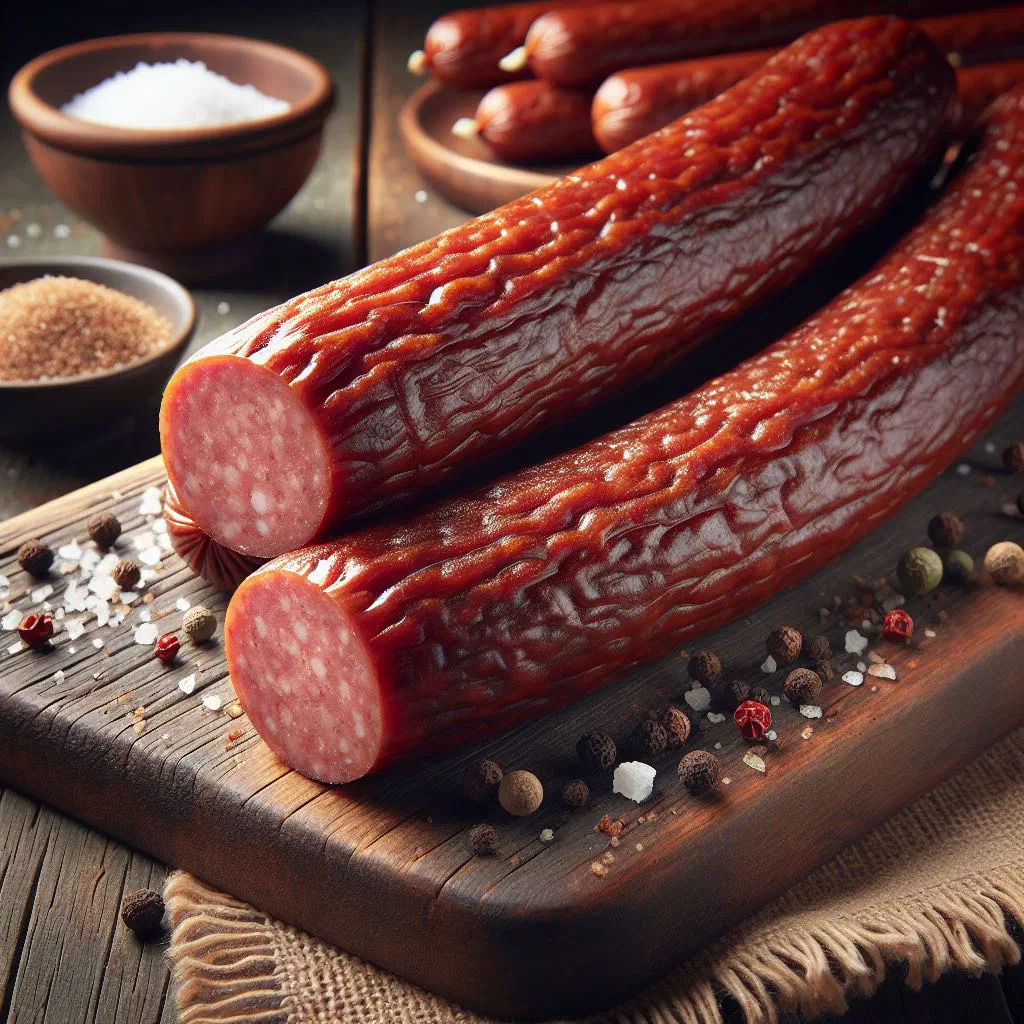 Sliced Rostock smoked sausage pan-fried with sauerkraut and potatoes