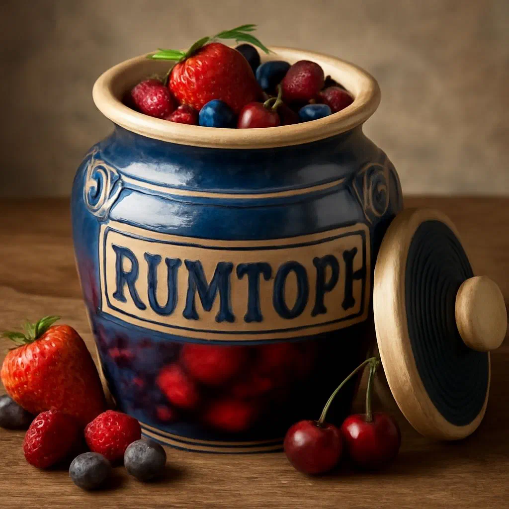 A glass jar of Rumtopf with mixed fruits steeping in rum and sugar