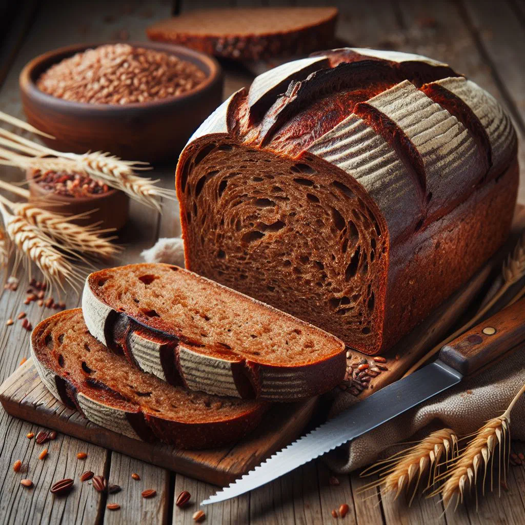 A rustic loaf of German rye bread, sliced to show its dense crumb