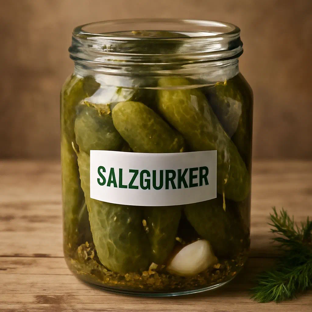 A jar of homemade salt-brined pickles with dill, garlic and mustard seeds