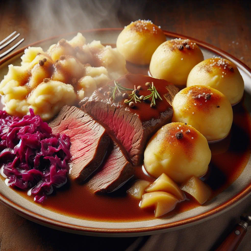 Sliced sauerbraten pot roast served with rich brown gravy