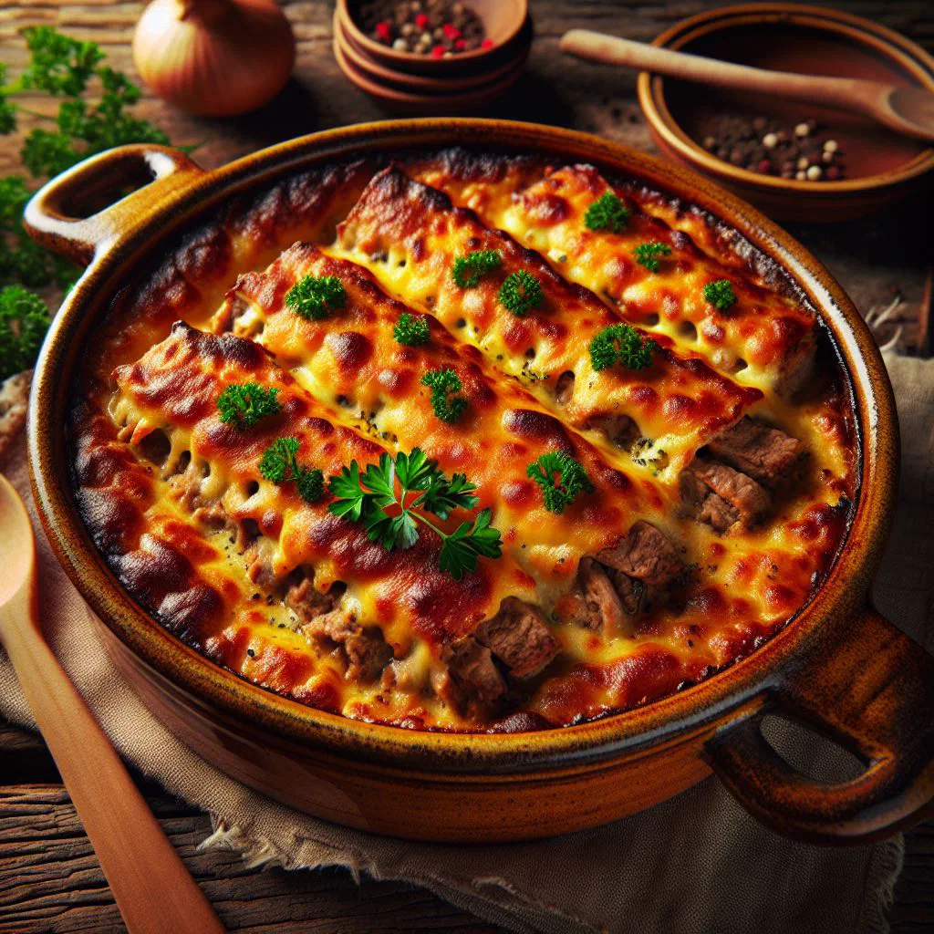Golden, cheese-topped German savoury meat bake fresh from the oven