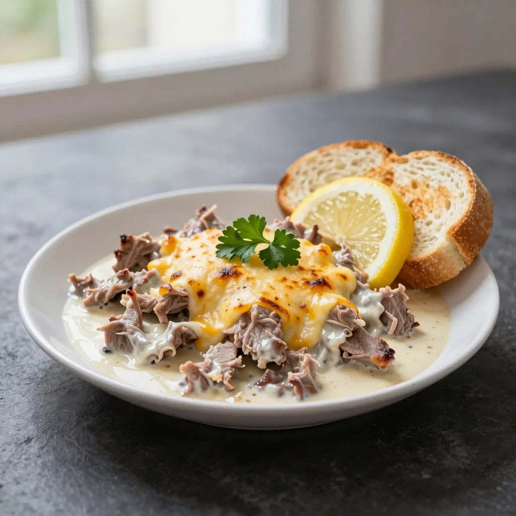 Savoury meat ragout baked with a golden cheese crust in a small ramekin