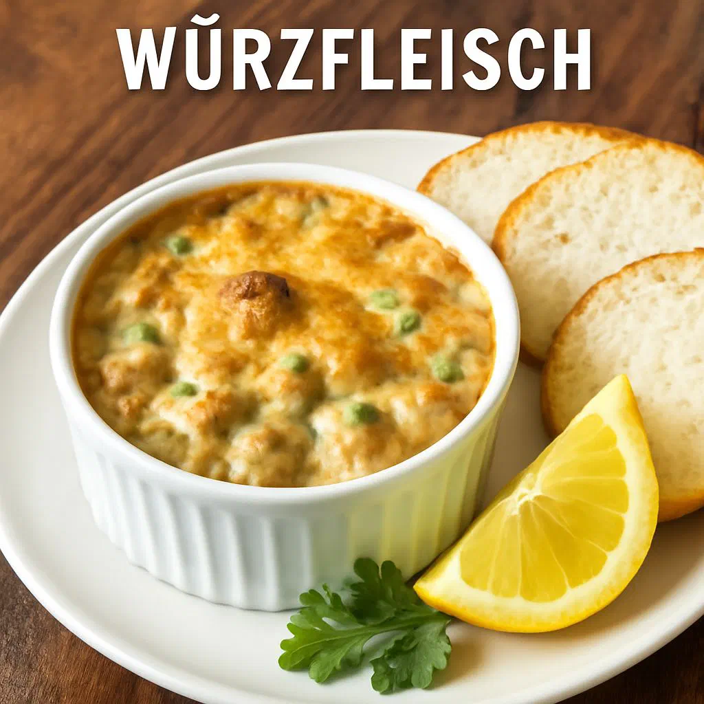 Savoury meat ragout baked with a golden cheese crust in a small ramekin