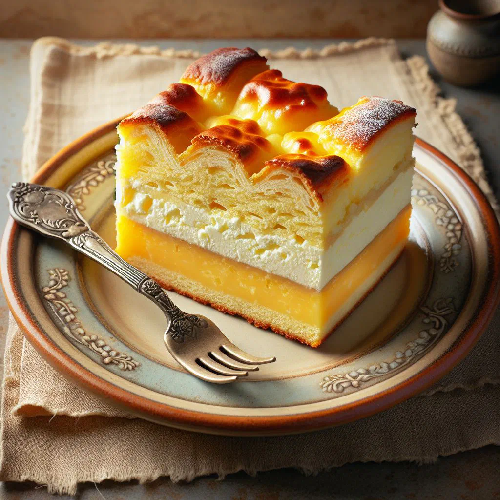 Slice of Saxon egg custard cake with a creamy quark and egg topping on a golden base
