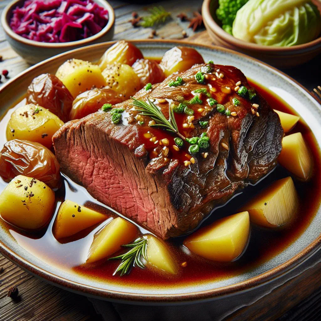 Sliced Saxon pot roast in a rich gravy with red cabbage and dumplings