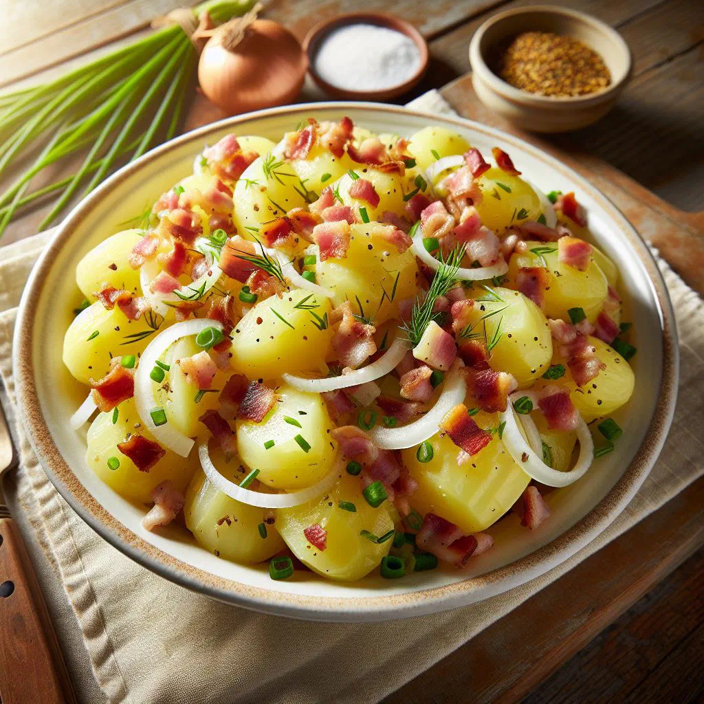 Bowl of Saxon potato salad with gherkins and fresh herbs