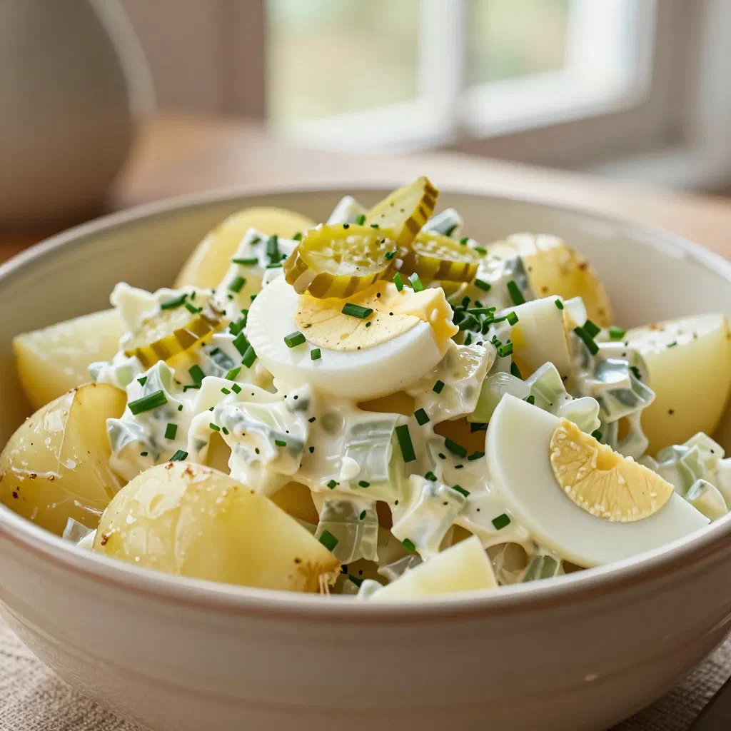 Bowl of Saxon potato salad with gherkins and fresh herbs