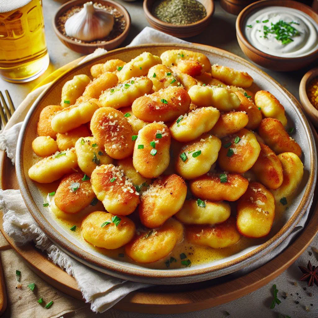 Pan-fried Schupfnudeln, golden potato dumplings on a plate