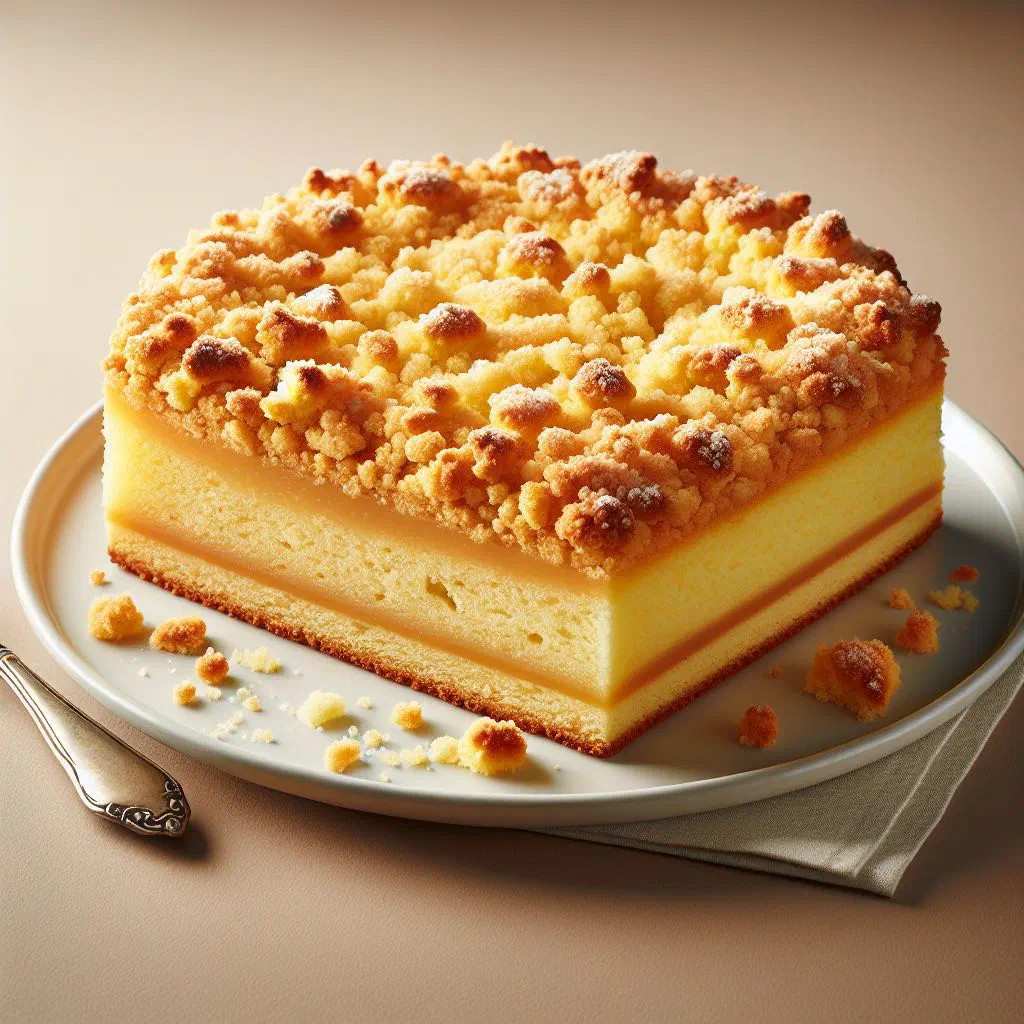 Silesian streusel cake with golden crumble topping and fruit filling