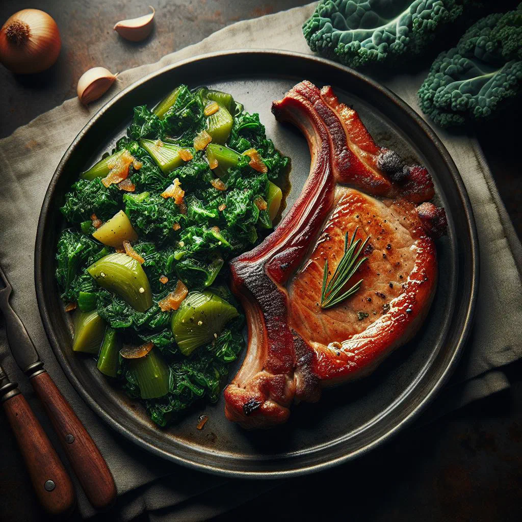 Smoked pork loin with braised kale and boiled potatoes on a plate