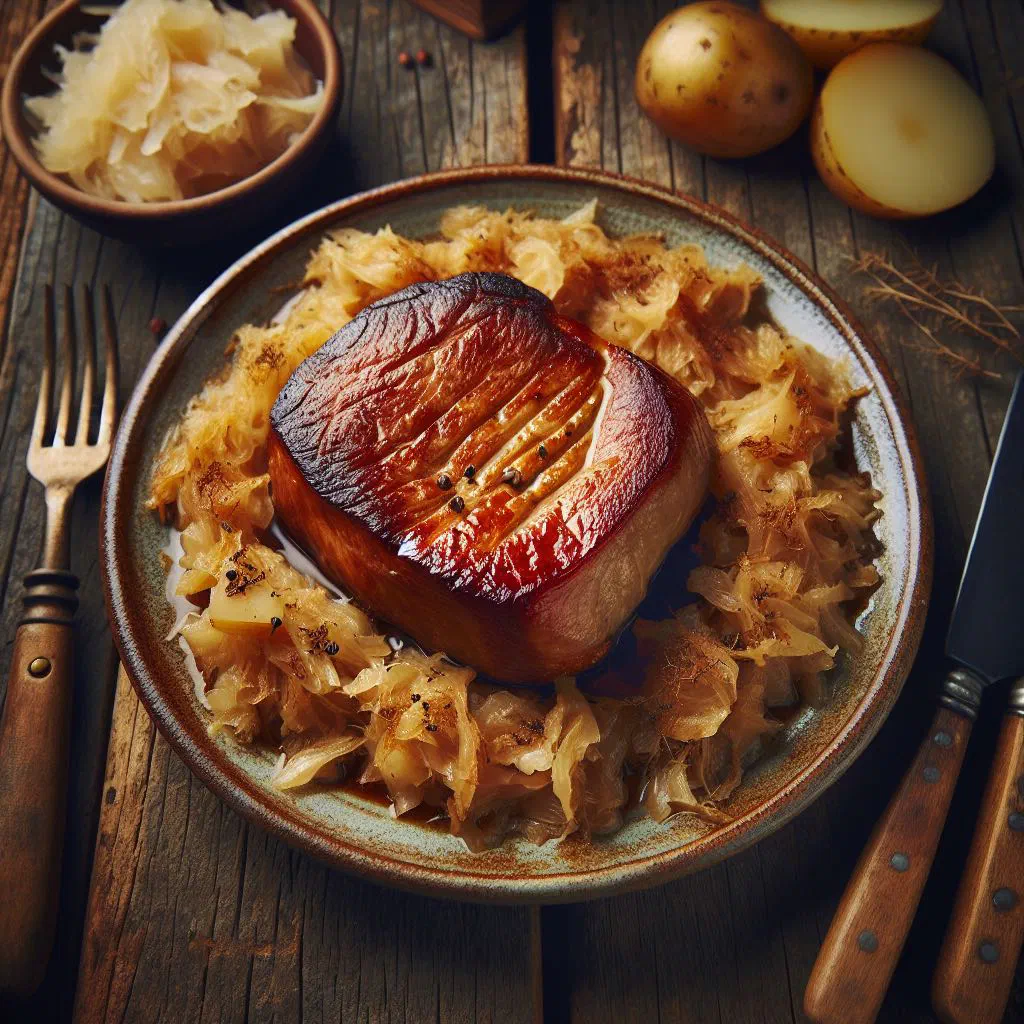 Smoked pork pieces braised with sauerkraut in a serving dish