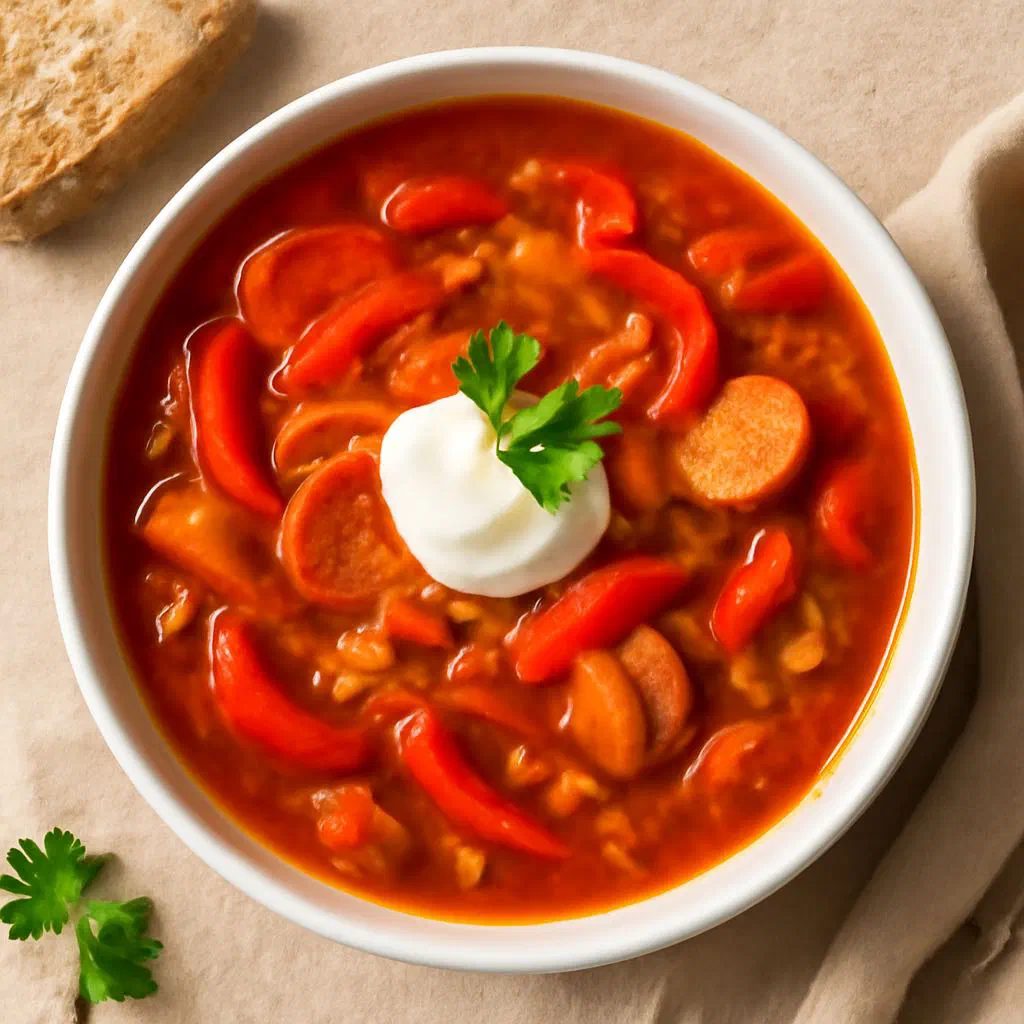 A bowl of hearty Soljanka Letscho topped with sour cream