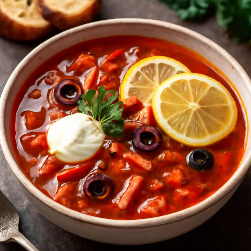 A bowl of soljanka soup topped with a dollop of soured cream