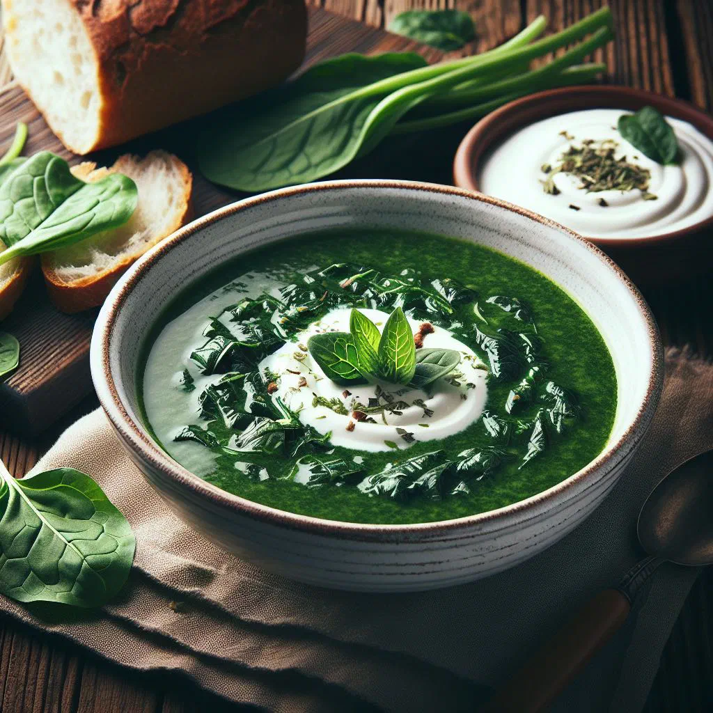 A bowl of creamy green sorrel soup garnished with fresh herbs