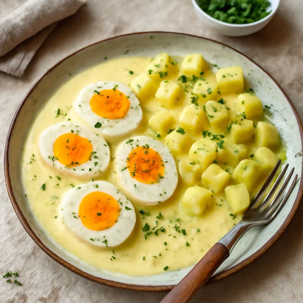 Halved hard-boiled eggs in a pale sweet-and-sour mustard sauce with potatoes