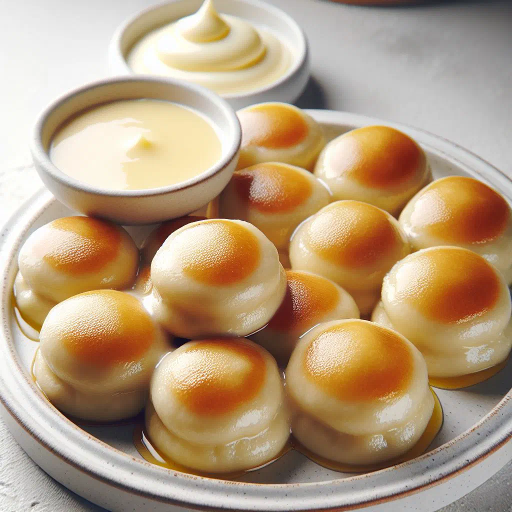 Fluffy steamed dumplings served with creamy vanilla sauce in a bowl
