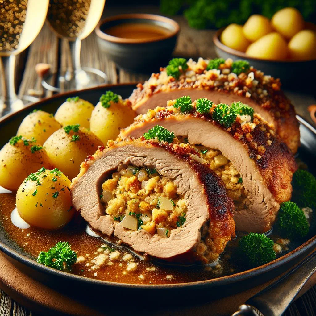 Sliced stuffed veal breast with herb and bread filling on a serving plate