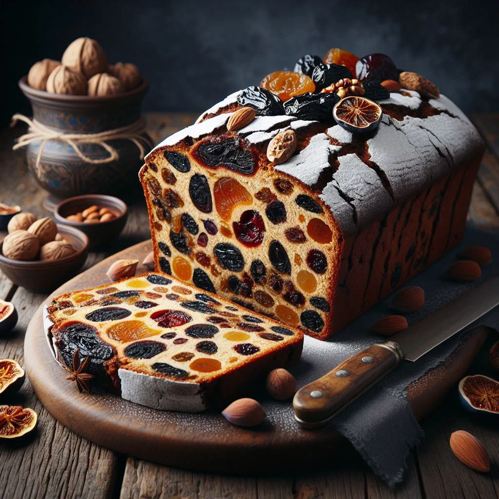 Sliced Stuttgart fruit bread studded with dried fruit and nuts