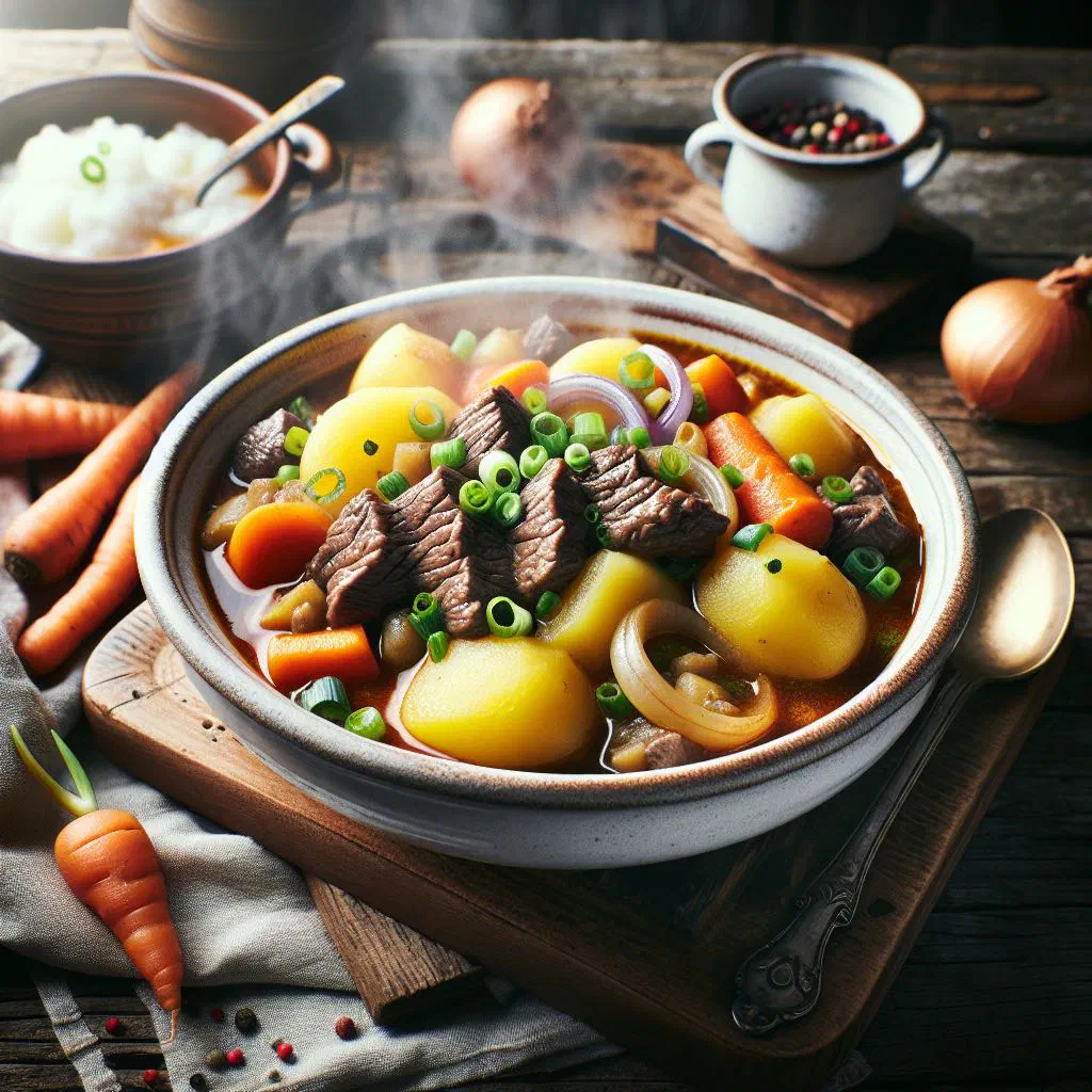 Gaisburger Marsch stew with beef, vegetables and Spätzle in a deep bowl