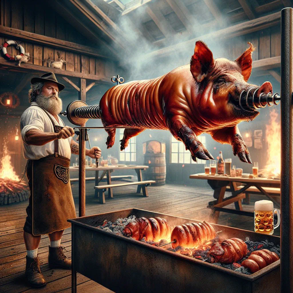 Whole roast suckling pig with crisp golden crackling on a platter