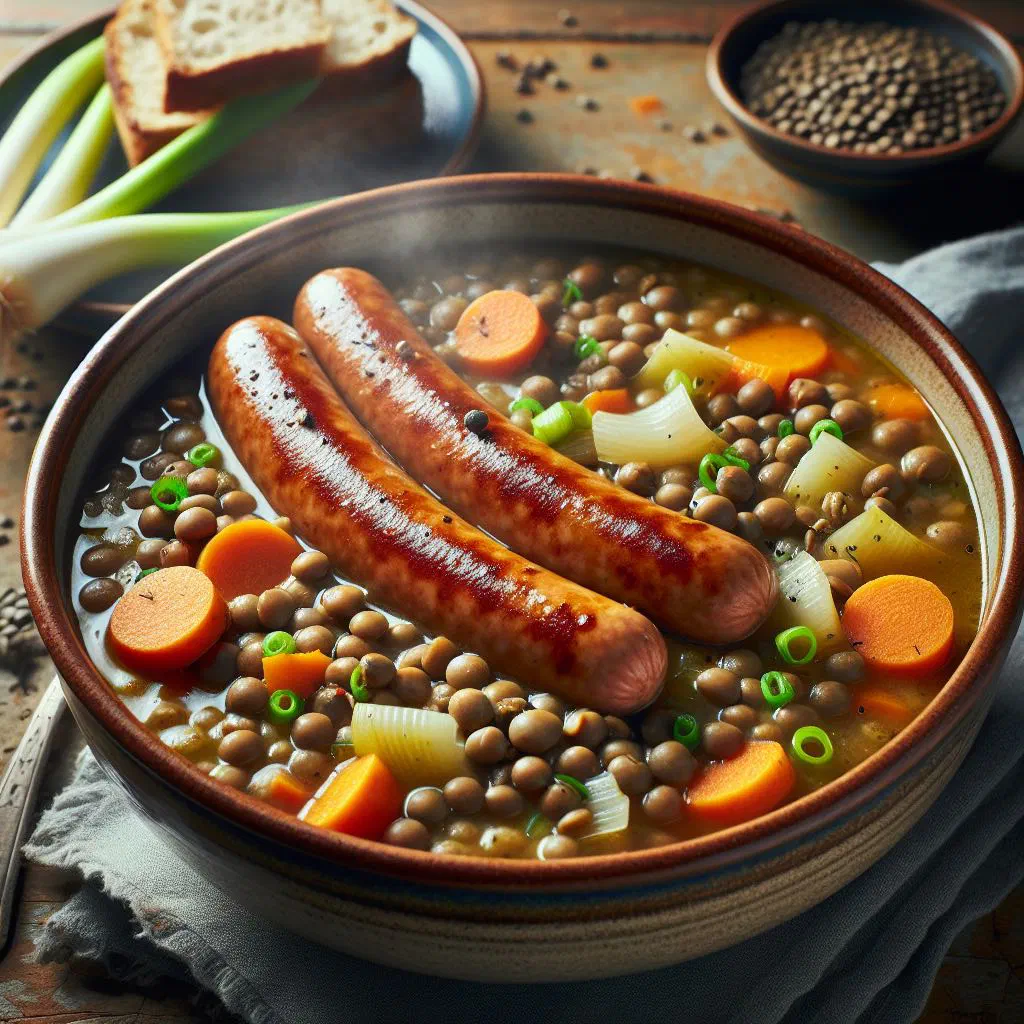 Bowl of Swabian lentil stew with carrots, celery and potatoes