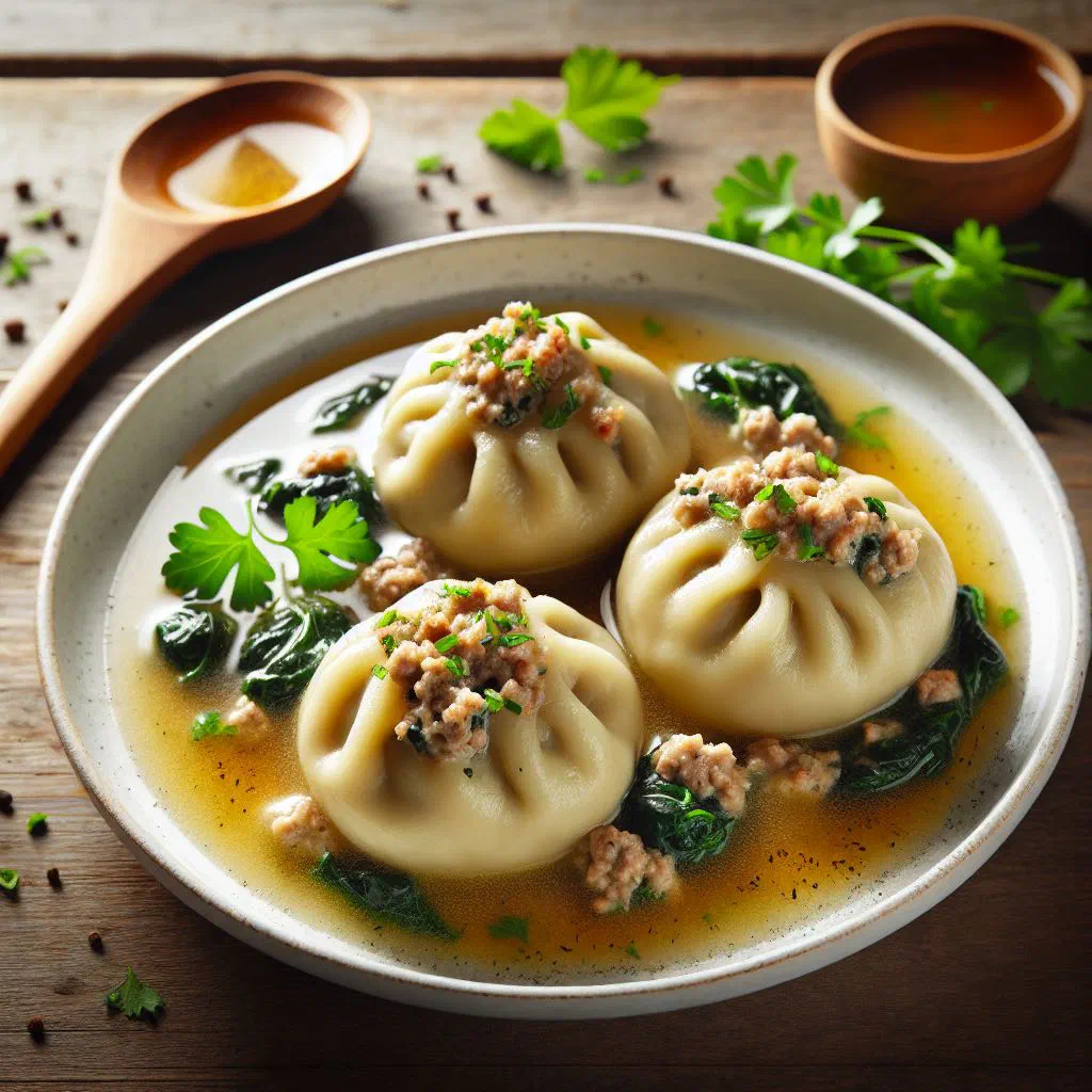 Swabian Maultaschen filled pasta pockets served in a bowl of broth