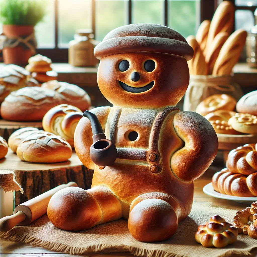 Golden sweet bread man decorated with raisins, fresh from the oven