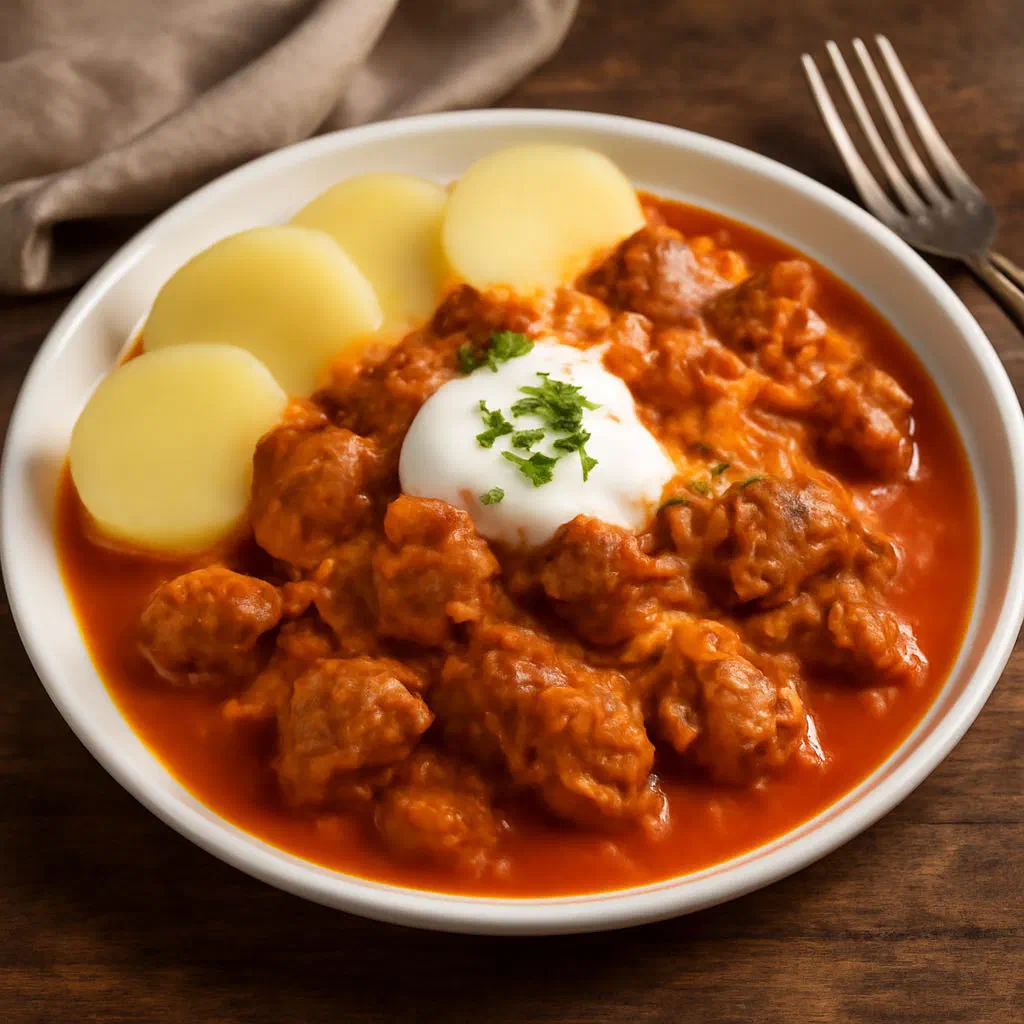 Szeged goulash with pork, sauerkraut and a creamy paprika sauce in a bowl
