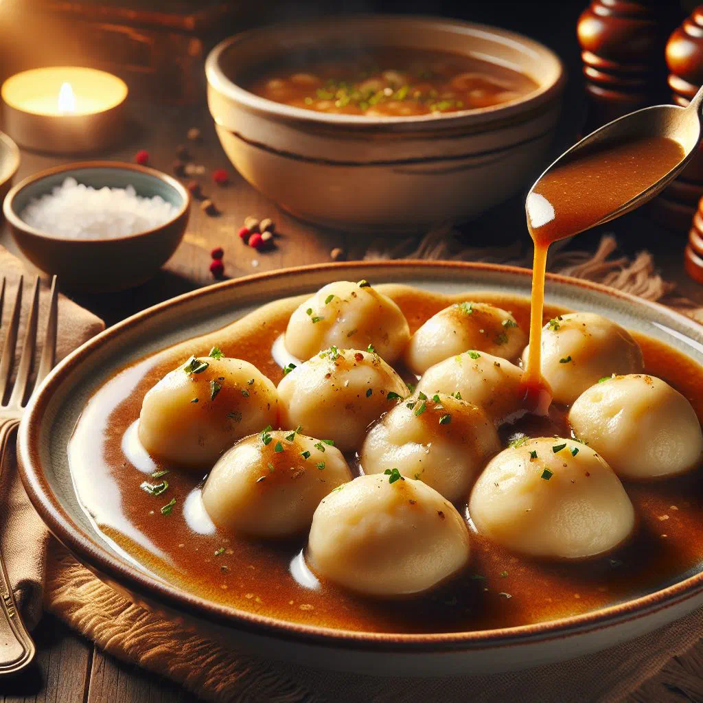 Round Thuringian potato dumplings served with rich gravy and parsley