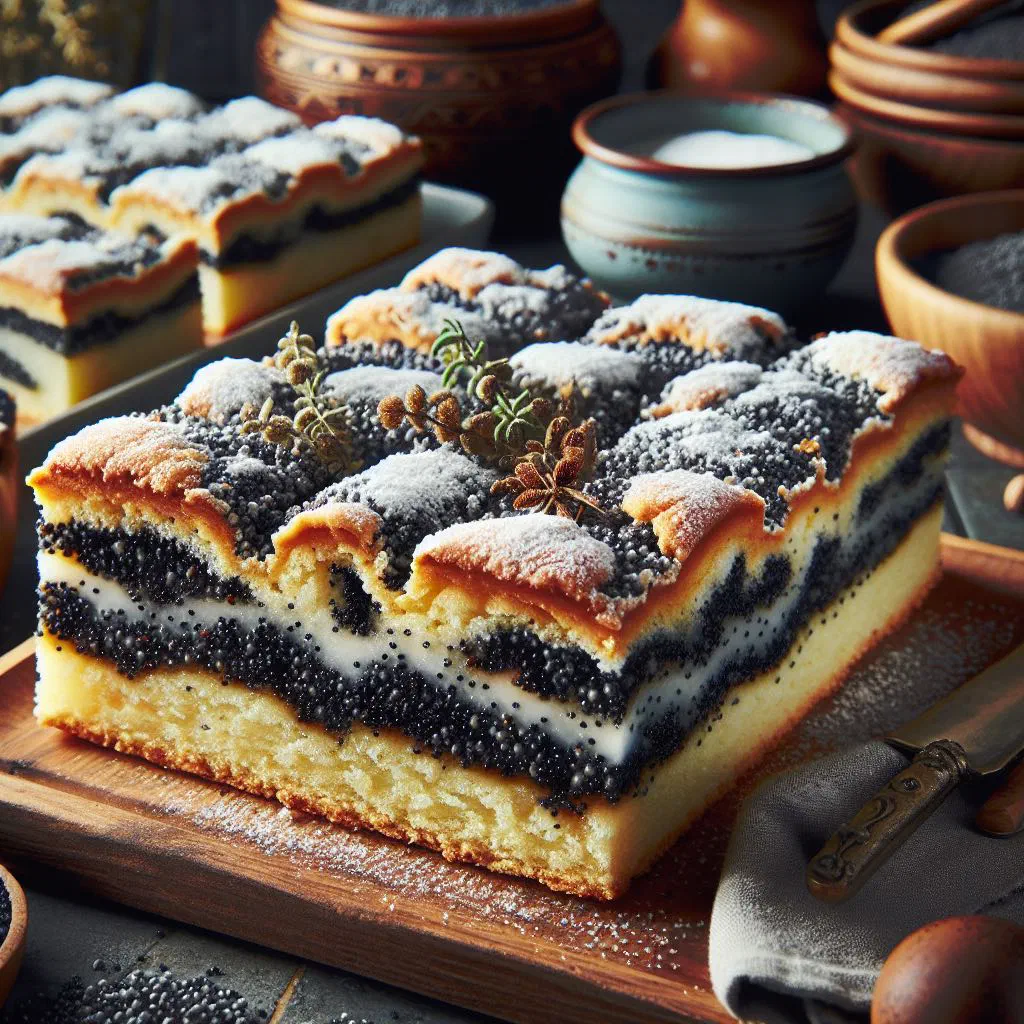 A slice of Thuringian poppy seed cake dusted with icing sugar